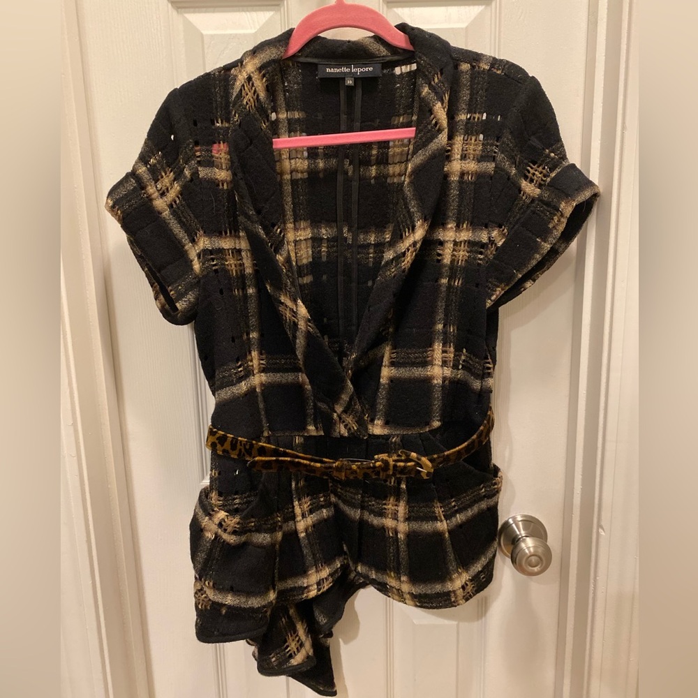 Nanette Lepore Brown Black Plaid Fleece Wool Short Sleeve Blouse Jacket Size 10